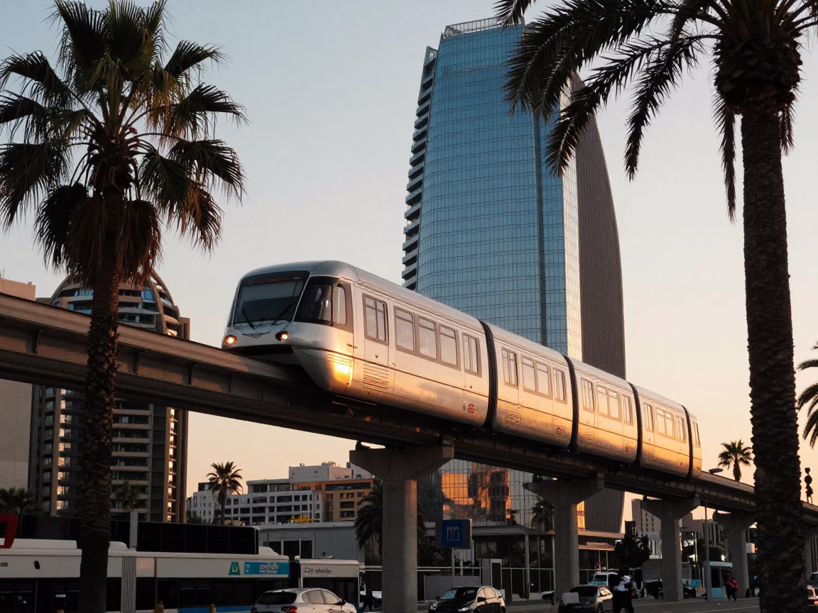 Barcelona Late Afternoon Monorail Passing Palm Trees and Glass Towers with Jacaranda Bloom in in Barcelona, Spain
