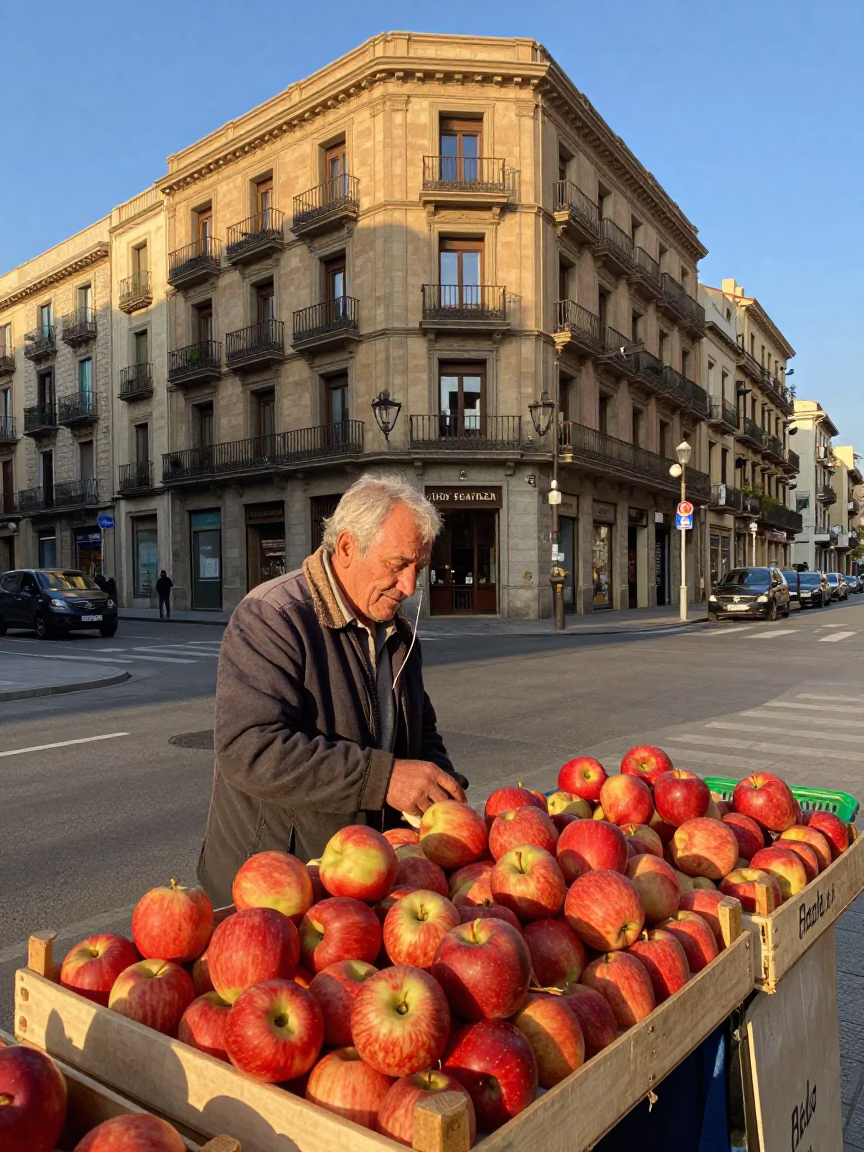 Barcelona late afternoon street scene with apples and string lights in in Barcelona, Spain