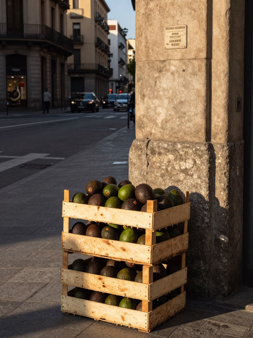 Barcelona Late Afternoon Street Scene with Avocados and Urban Architecture in in Barcelona, Spain