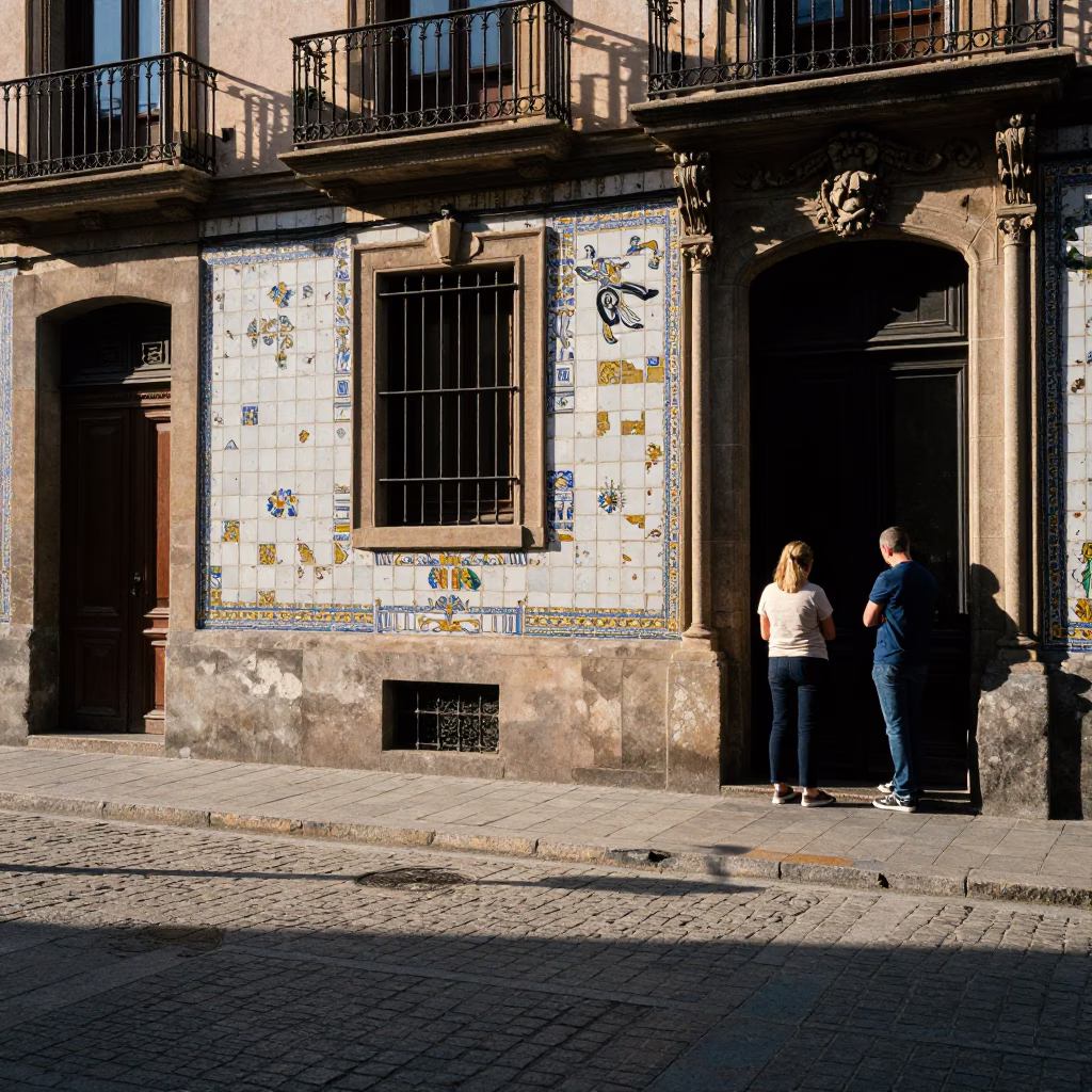 Barcelona Late Afternoon Street Scene with Ceramic Tiles and Suitcases in in Barcelona, Spain