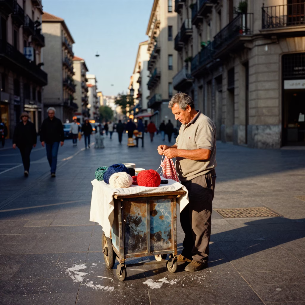Barcelona Late Afternoon Street Scene with Soap Residue and Clay Pot in in Barcelona, Spain