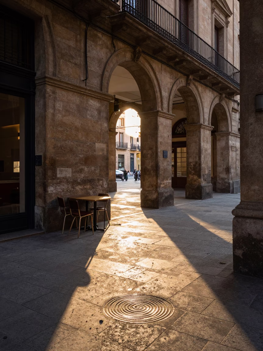 Barcelona Late Afternoon Street Scene with Water Rings on Tile and Urban Architecture in in Barcelona, Spain