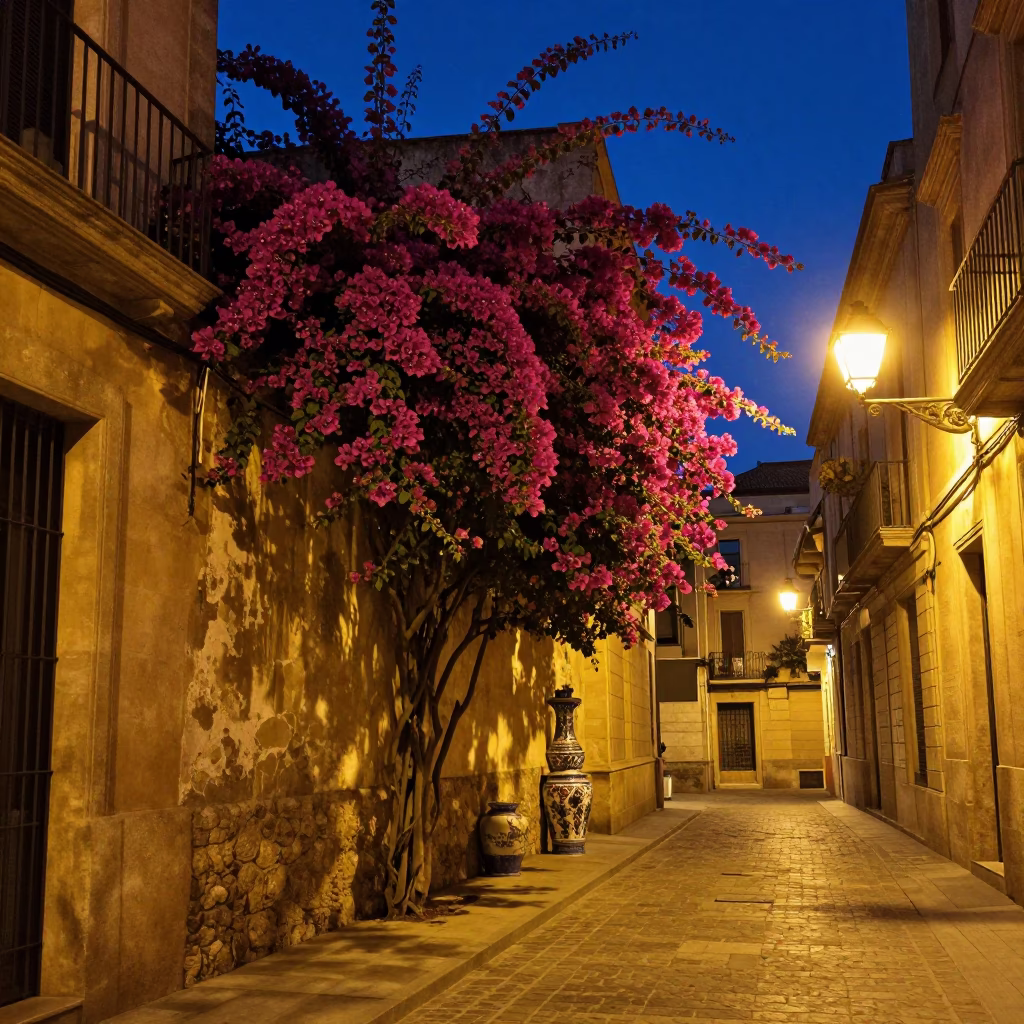 Barcelona late night street scene with bougainvillea and ceramic crock in in Barcelona, Spain