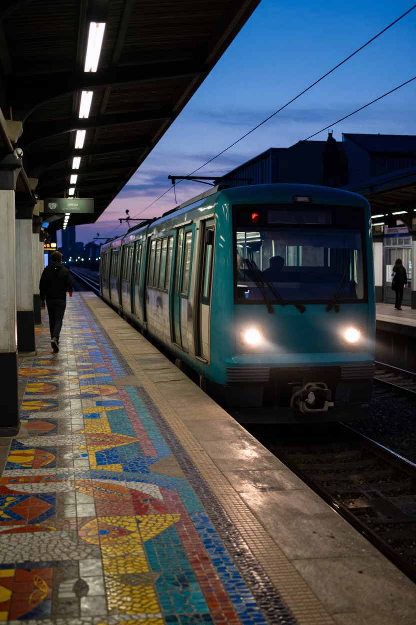 Barcelona Metro Train Arriving at Art-Adorned Station in Predawn Darkness in in Barcelona, Spain