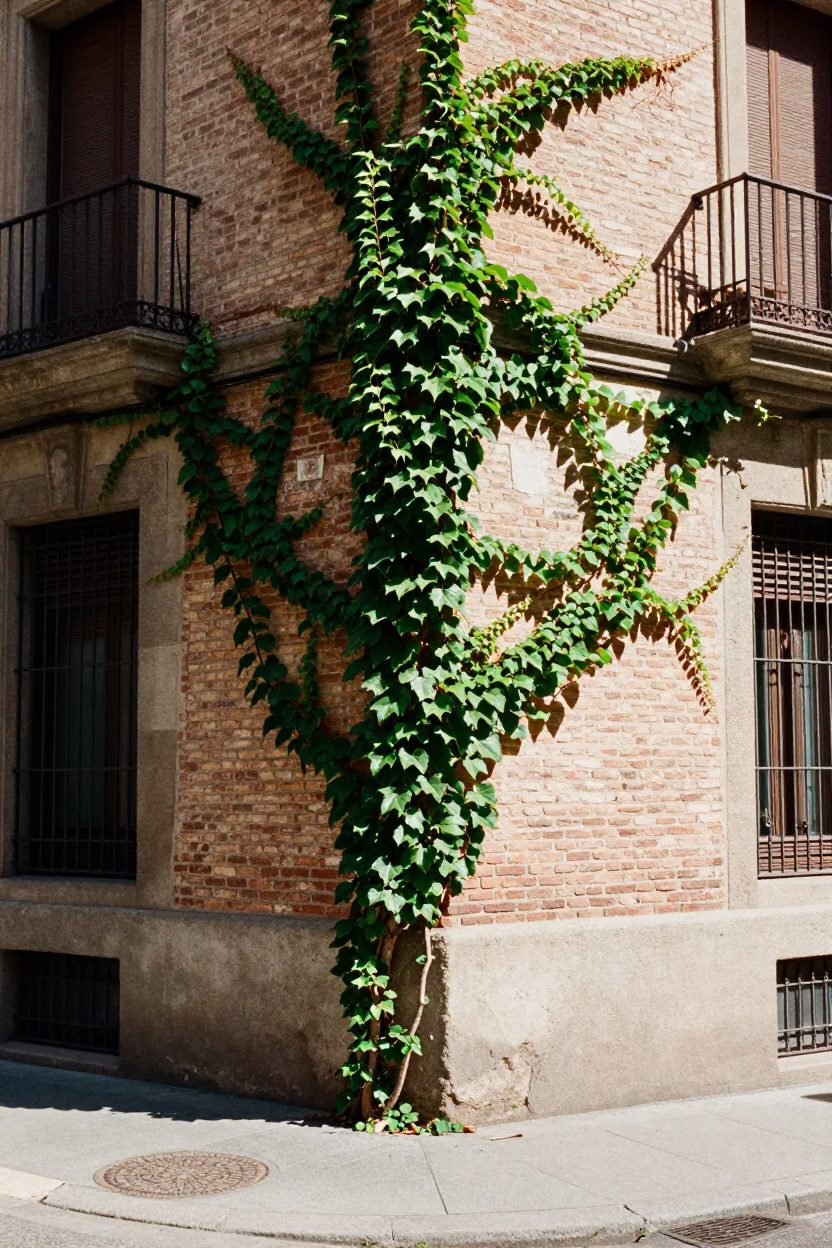 Barcelona Midday Street Scene with Ivy Brick Wall and Terracotta Pot High Fashion 1960s in in Barcelona, Spain