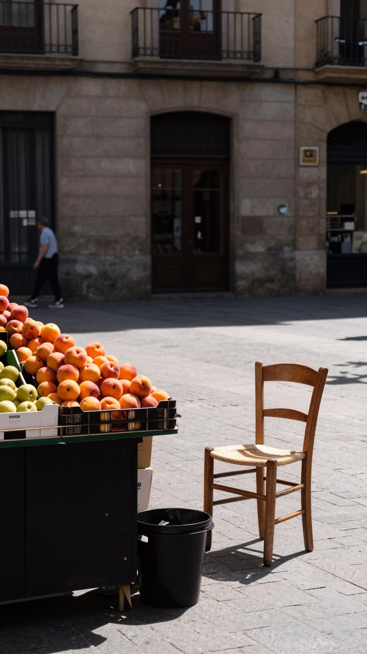 Barcelona Midday Street Scene with Nectarines and Chair in Spanish Plaza in in Barcelona, Spain