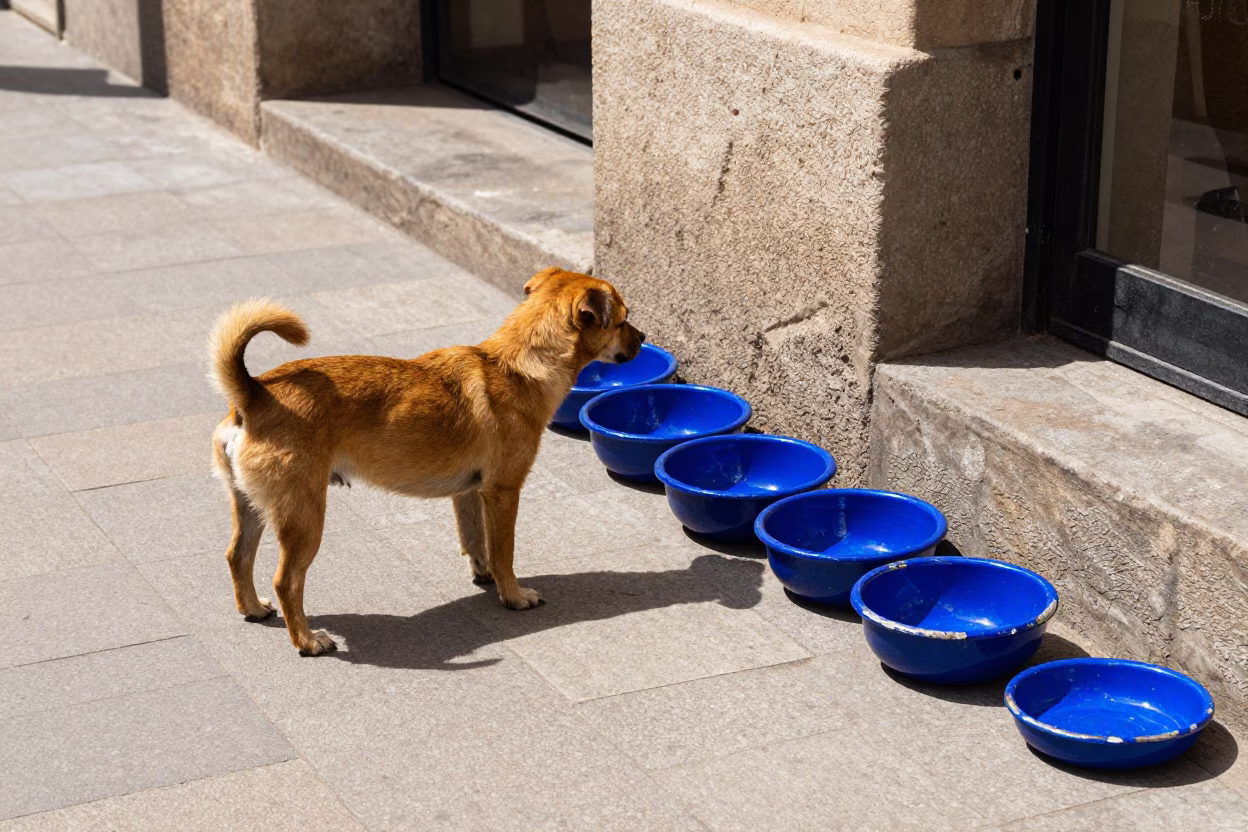 Barcelona midday street scene with small dog and blue enamel items in in Barcelona, Spain