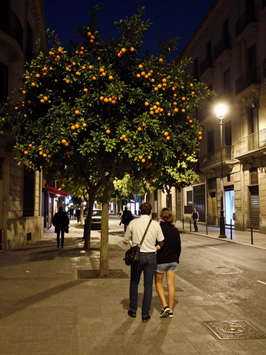Barcelona Midnight Street Scene with Orange Trees and Urban Infrastructure in in Barcelona, Spain