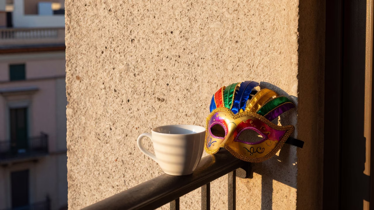 Barcelona Morning Light on Balcony with Mardi Gras Mask and Padlock in in Barcelona, Spain