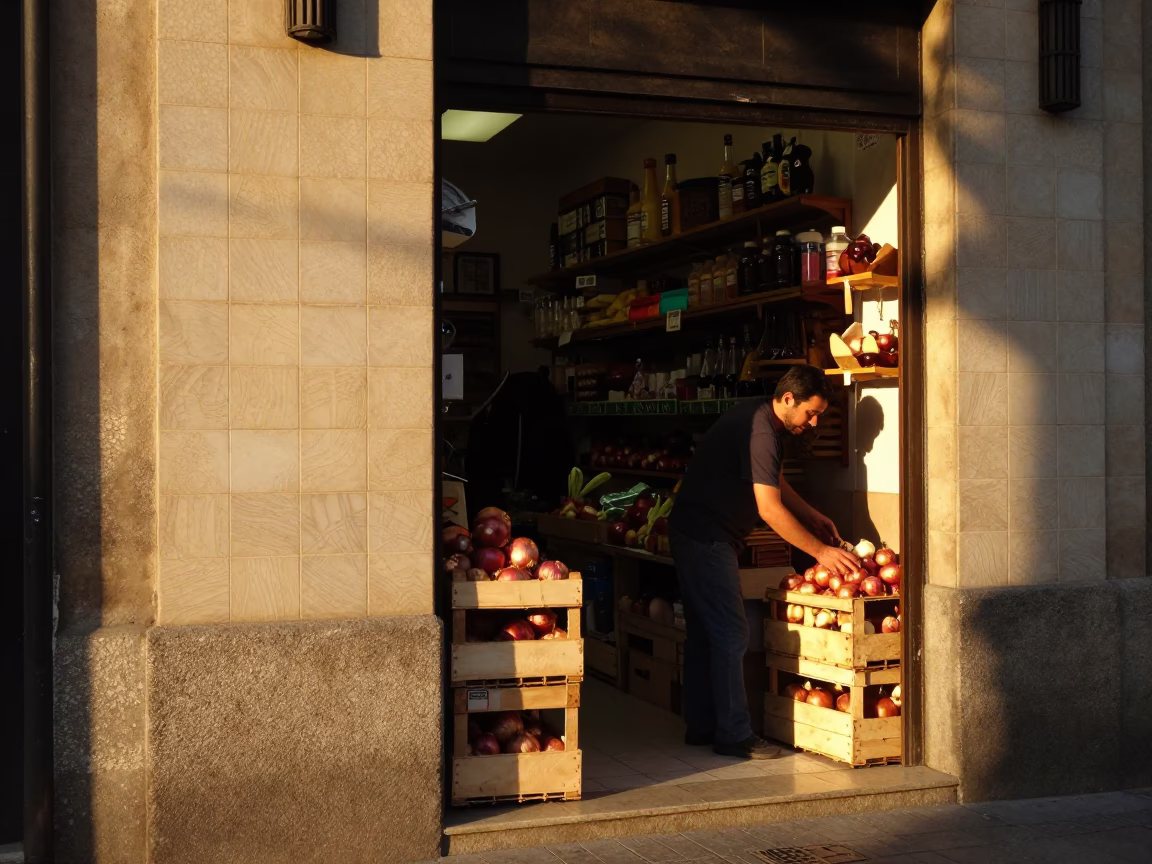 Barcelona morning light on ceramic tiles and shopkeeper in in Barcelona, Spain