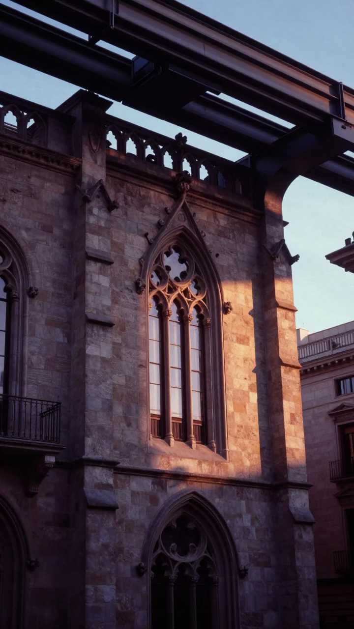 Barcelona Morning Light on Gothic Stone Facade with Monorail Passing Glass Towers in in Barcelona, Spain