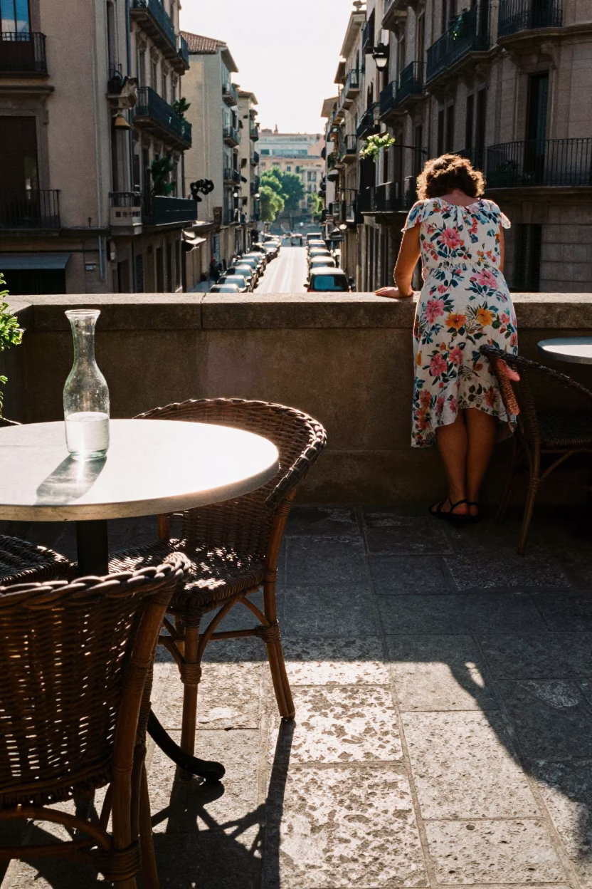 Barcelona Morning Street Scene with Glass Carafe and Wicker Shadow in First Light in in Barcelona, Spain