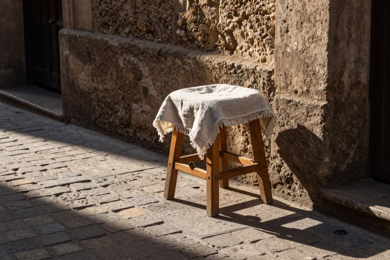 Barcelona Morning Street Scene with Linen Stool and Turnbuckle Hardware in in Barcelona, Spain