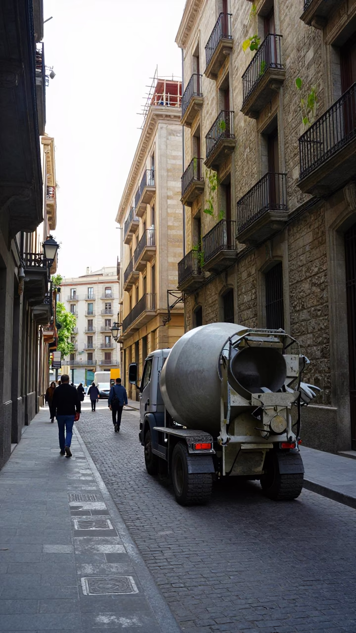 Barcelona Morning Street Scene with Mossy Stone Walls and Cement Mixer Construction in in Barcelona, Spain