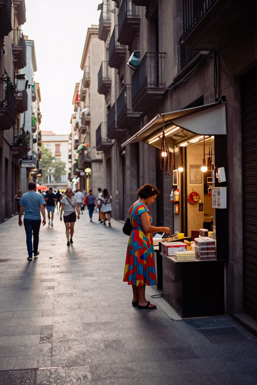 Barcelona Morning Street Scene with Prayer Beads and Soap Case in in Barcelona, Spain