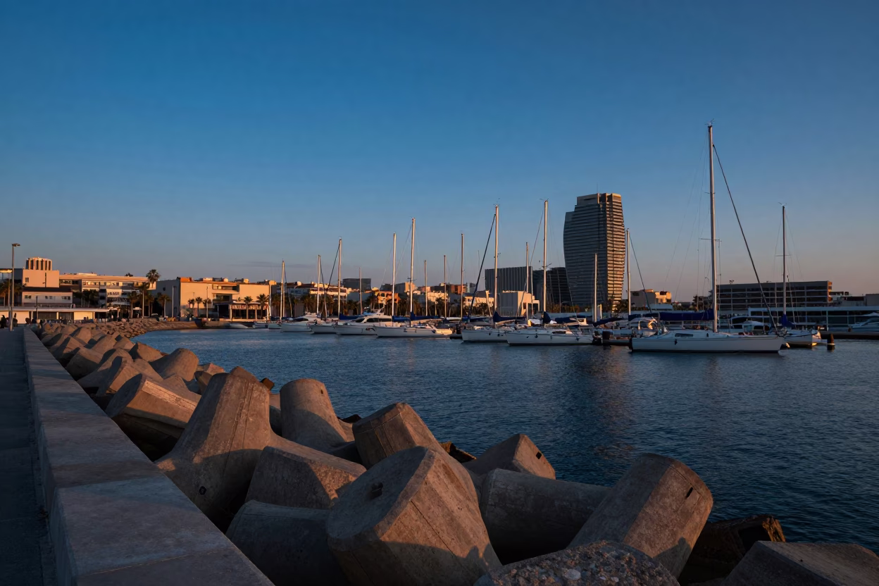 Barcelona Nautical Dawn Harbor Scene with Blue Hour Sky and Breakwater in in Barcelona, Spain