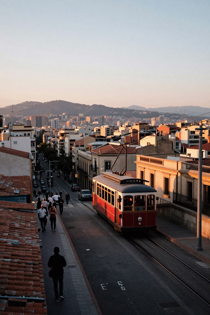 Barcelona Nautical Dawn Street Scene with Funicular Railway and Urban Details in in Barcelona, Spain