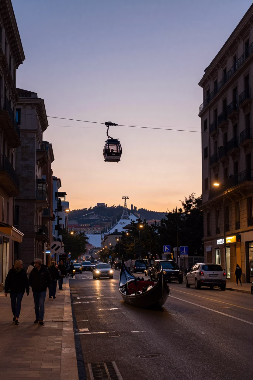 Barcelona Nautical Dawn Street Scene with Gondola Lift Over Ski Resort in in Barcelona, Spain
