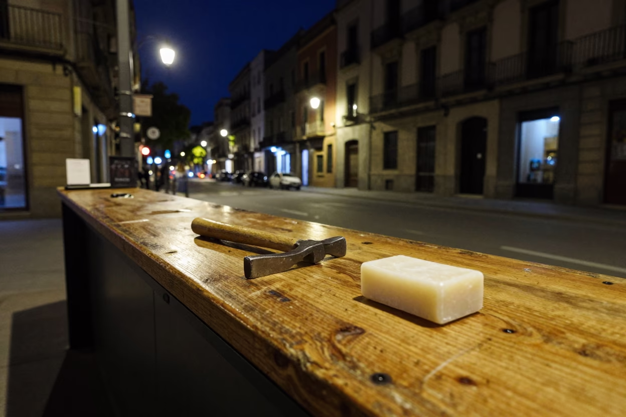 Barcelona Night Street Scene with Awl and Soap on Wooden Counter Under Deep Sky in in Barcelona, Spain