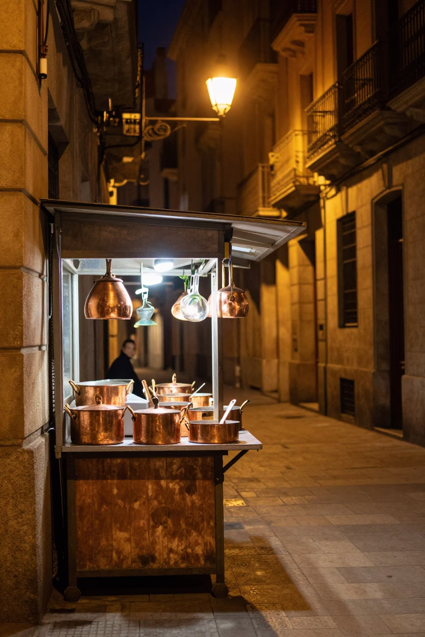 Barcelona Night Street Scene with Copper Pots and Glass Bottle in in Barcelona, Spain