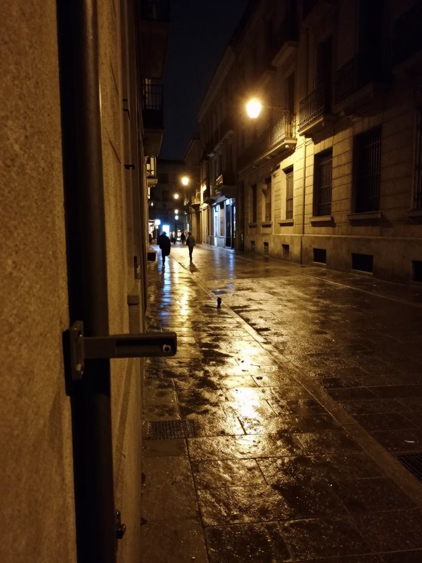 Barcelona Night Street Scene With Door Latch And Urban Ambience in in Barcelona, Spain
