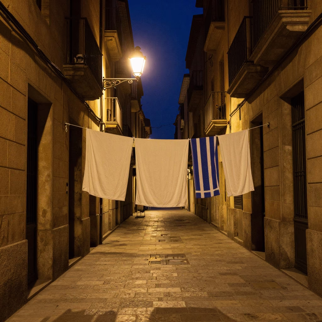 Barcelona Night Street Scene with Drying Towels and Urban Details in in Barcelona, Spain