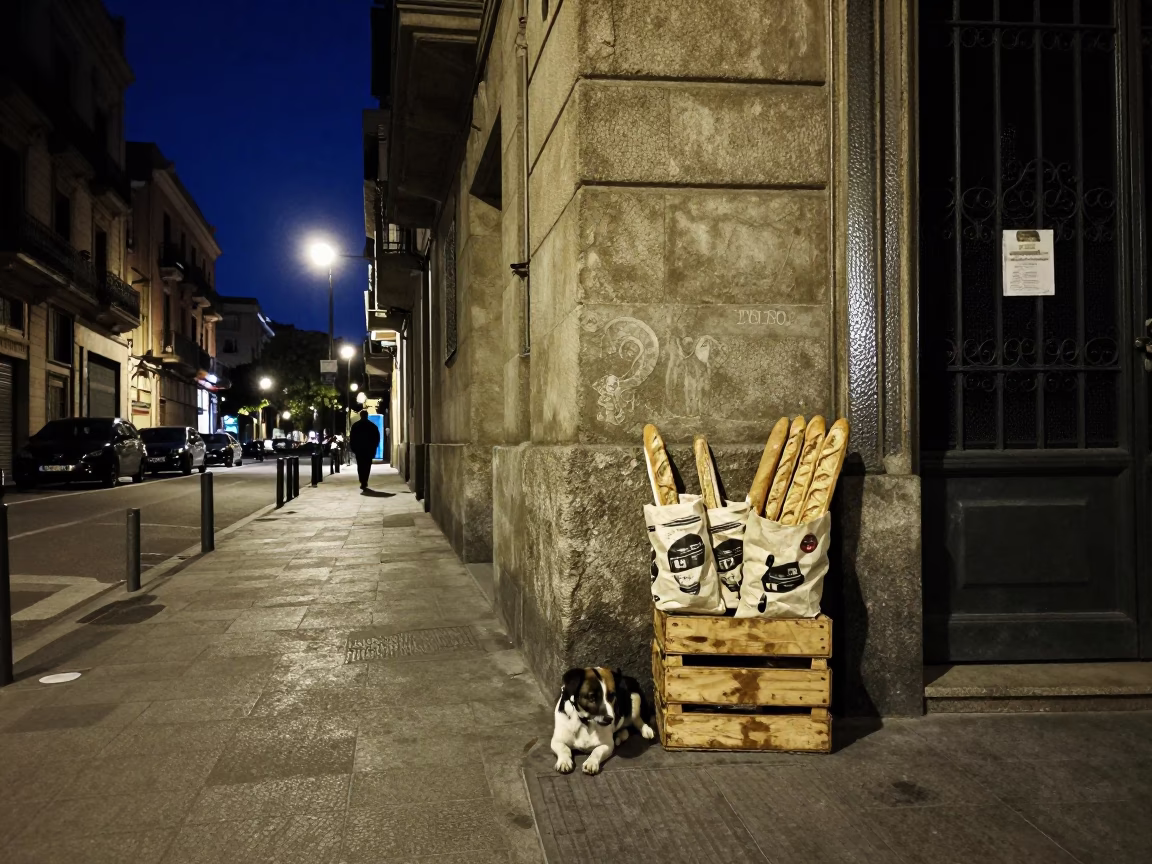 Barcelona Night Street Scene with Hammered Metal and Vintage Radio in in Barcelona, Spain