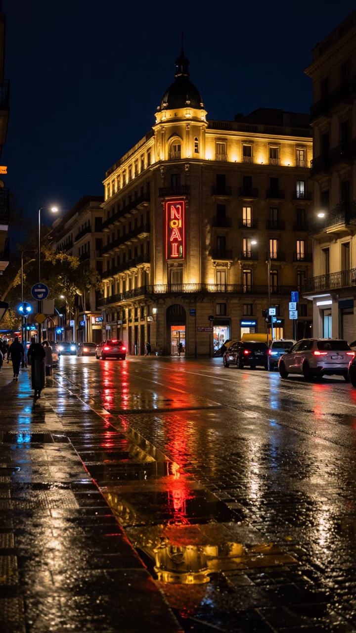 Barcelona Night Street Scene with Puddle Reflections and Hotel Windows in in Barcelona, Spain