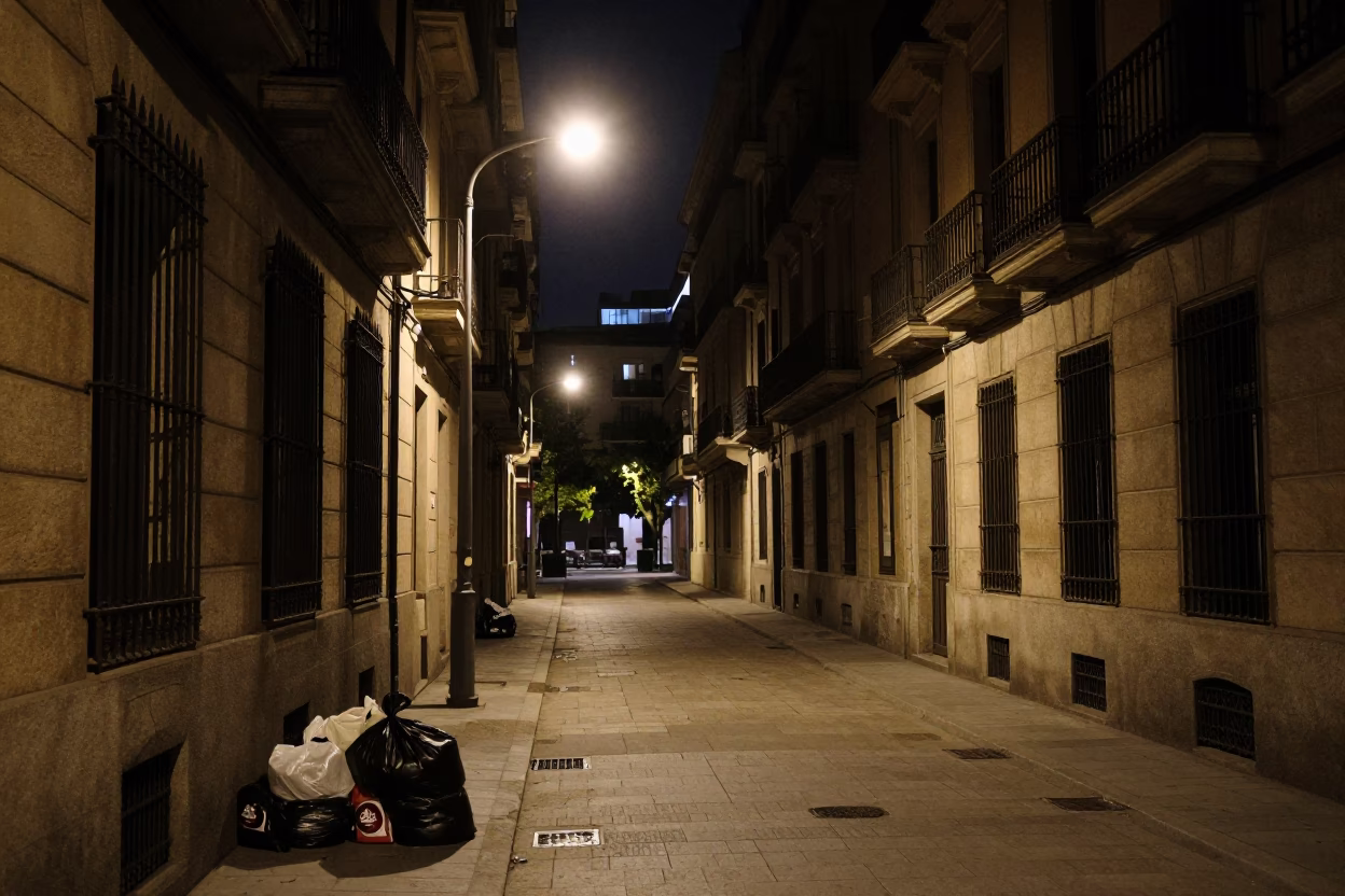 Barcelona Night Street Scene with Trash Bags and Urban Architecture in in Barcelona, Spain