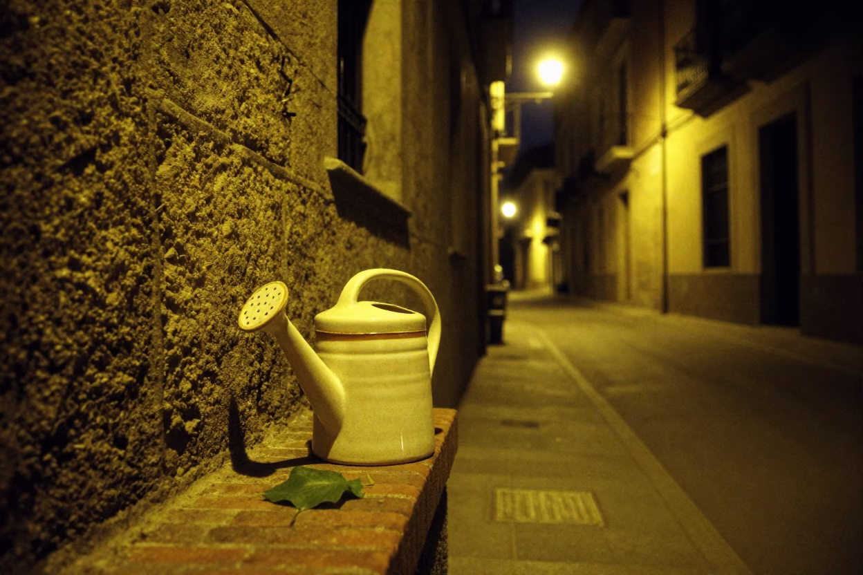 Barcelona Night Street Scene With Watering Jug And Leaf Shadows On Mirror Edge in in Barcelona, Spain