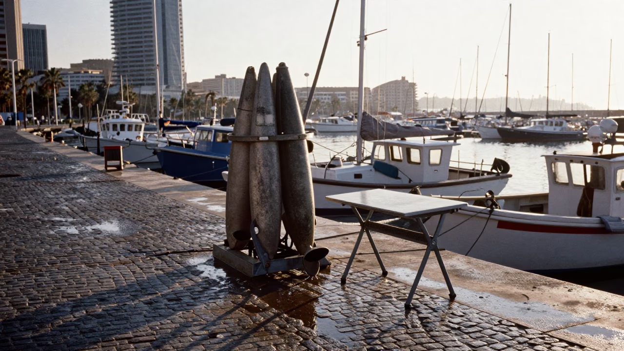 Barcelona Port Early Morning Light with Maritime Equipment and Harbor Details in in Barcelona, Spain