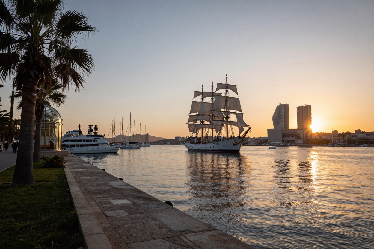 Barcelona Port Sunrise with Tall Ship and Garden Cloche in in Barcelona, Spain