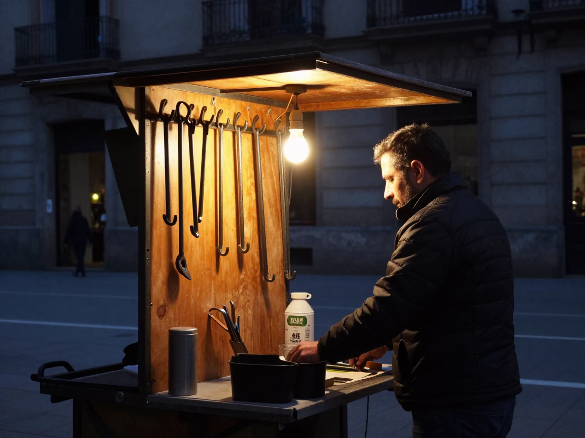 Barcelona Predawn Street Vendor Setup with Tool Hooks and Urban Details in in Barcelona, Spain