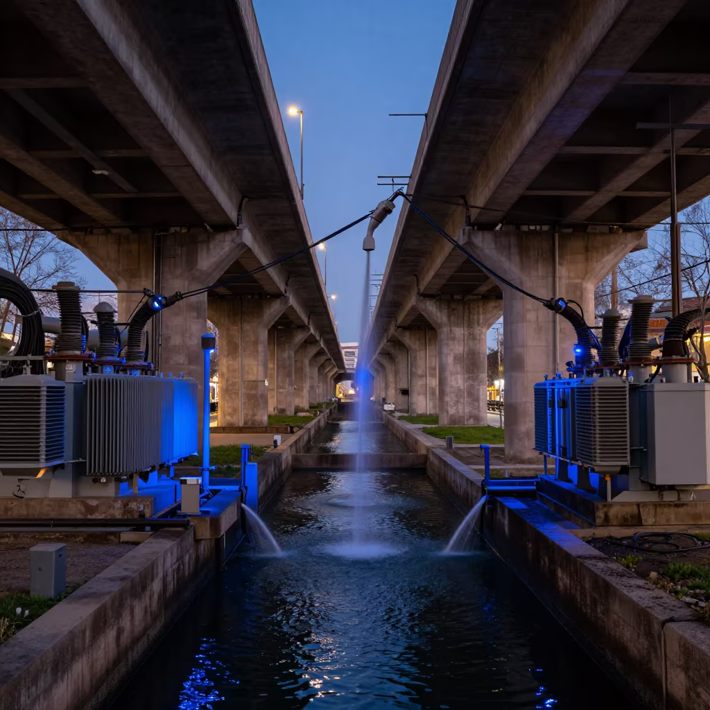 Barcelona Pumping Station Blue Hour Shadow in across a windy overpass interchange near Eixample, Barcelona