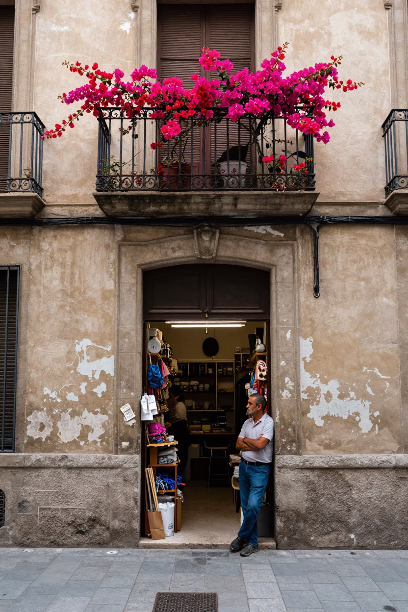 Barcelona Shopkeeper at Midday Light in in Barcelona, Spain