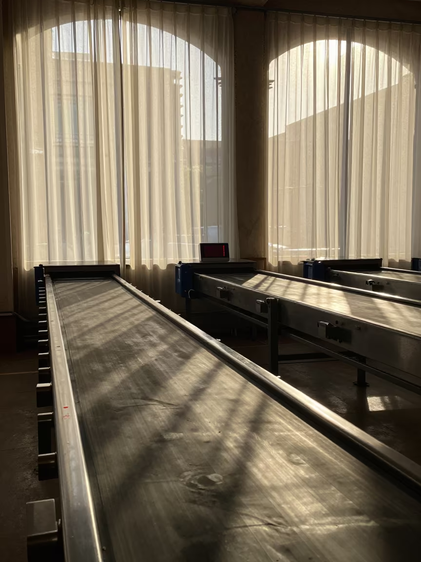 Barcelona Sorting Belt Clock Before Routes in at a parcel sorting belt near Gothic Quarter, Barcelona