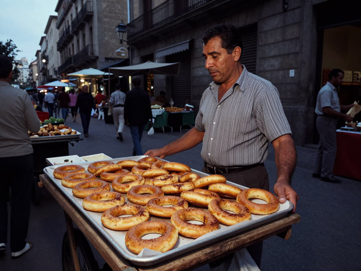 Barcelona Spain 1960s Street Scene with Mandazi Tray and Local Morning Market in in Barcelona, Spain