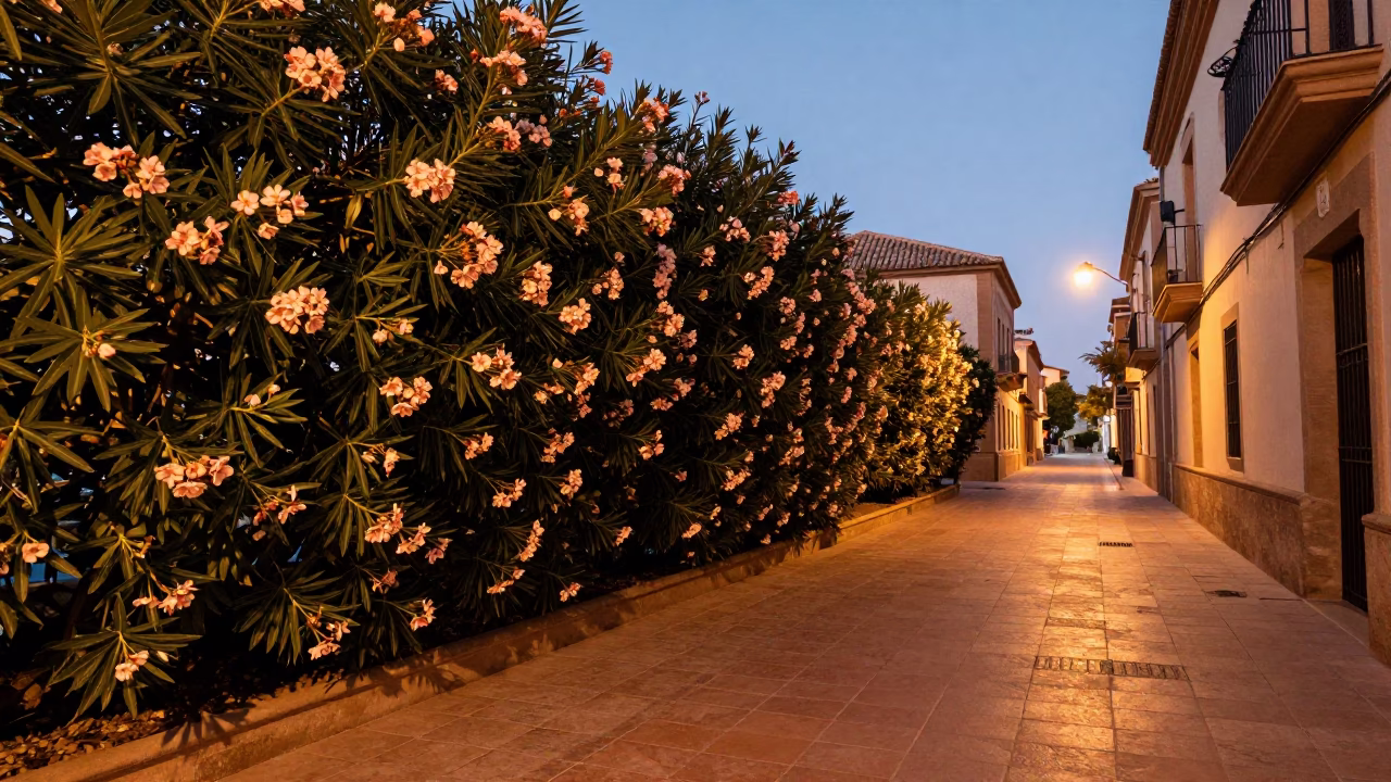 Barcelona Spain Copper Dusk Oleander Hedge Mediterranean Lane Street Scene in in Barcelona, Spain