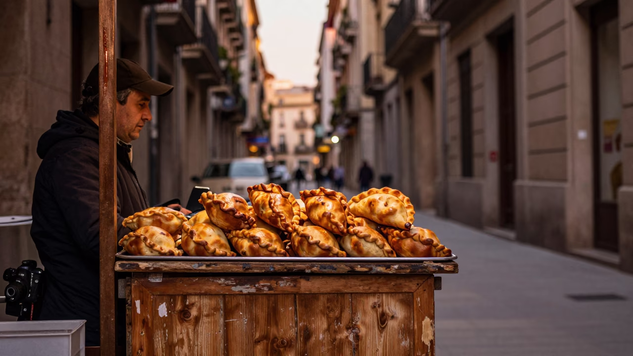 Barcelona Spain copper dusk street scene with empanadas tray and local life in in Barcelona, Spain