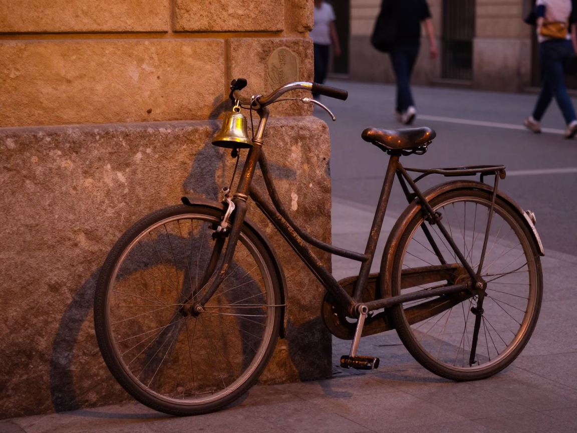 Barcelona Spain copper dusk street scene with vintage bicycle and stone architecture in in Barcelona, Spain
