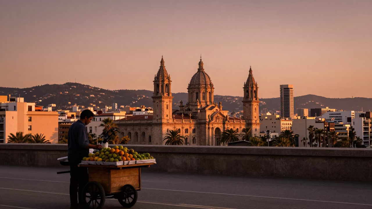 Barcelona Spain copper-toned dusk horizon shot with historic architecture and street life in in Barcelona, Spain