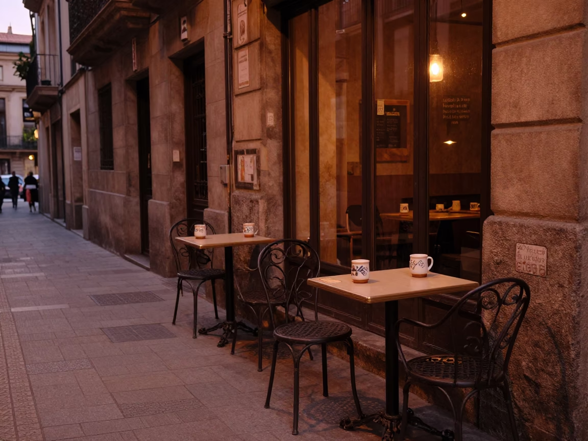 Barcelona Spain copper-toned dusk street scene with ceramic mugs on outdoor cafe table in in Barcelona, Spain