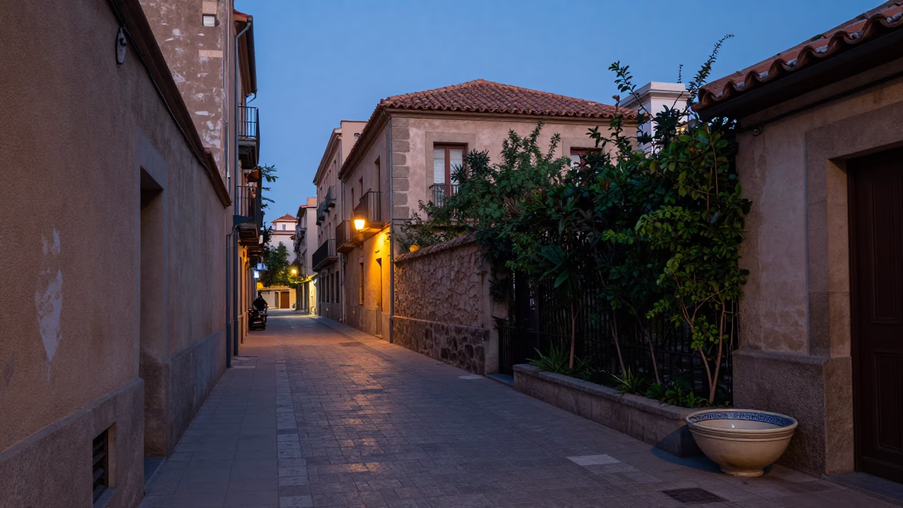 Barcelona Spain Dawn Street Scene with Ceramic Bowl and Garden Rake in Quiet Alley in in Barcelona, Spain