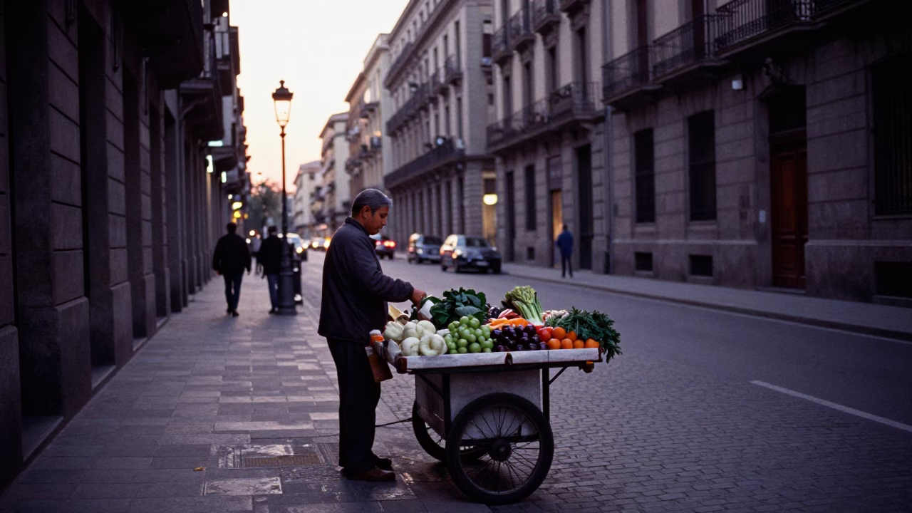 Barcelona Spain Dawn Street Scene with Local Vendor and Morning Activity in in Barcelona, Spain