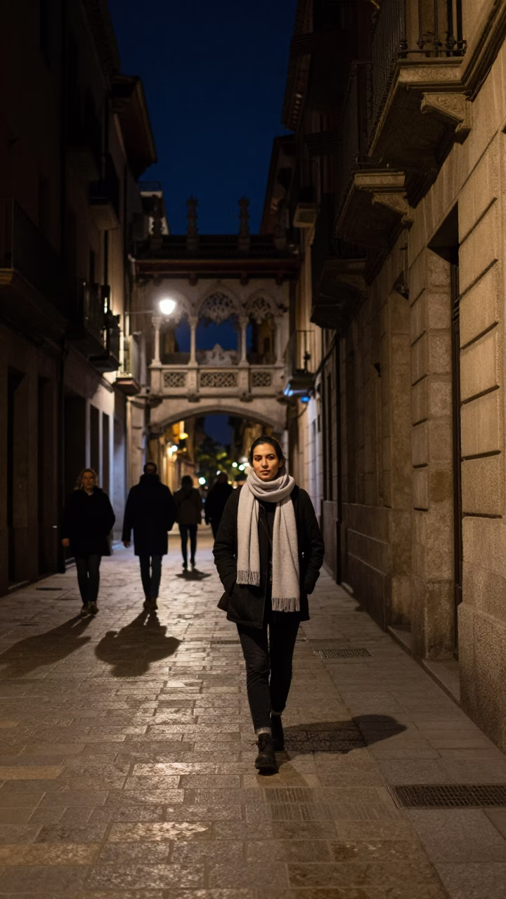Barcelona Spain Deep Night Street Scene with Wool Scarves and Water Bottle in in Barcelona, Spain