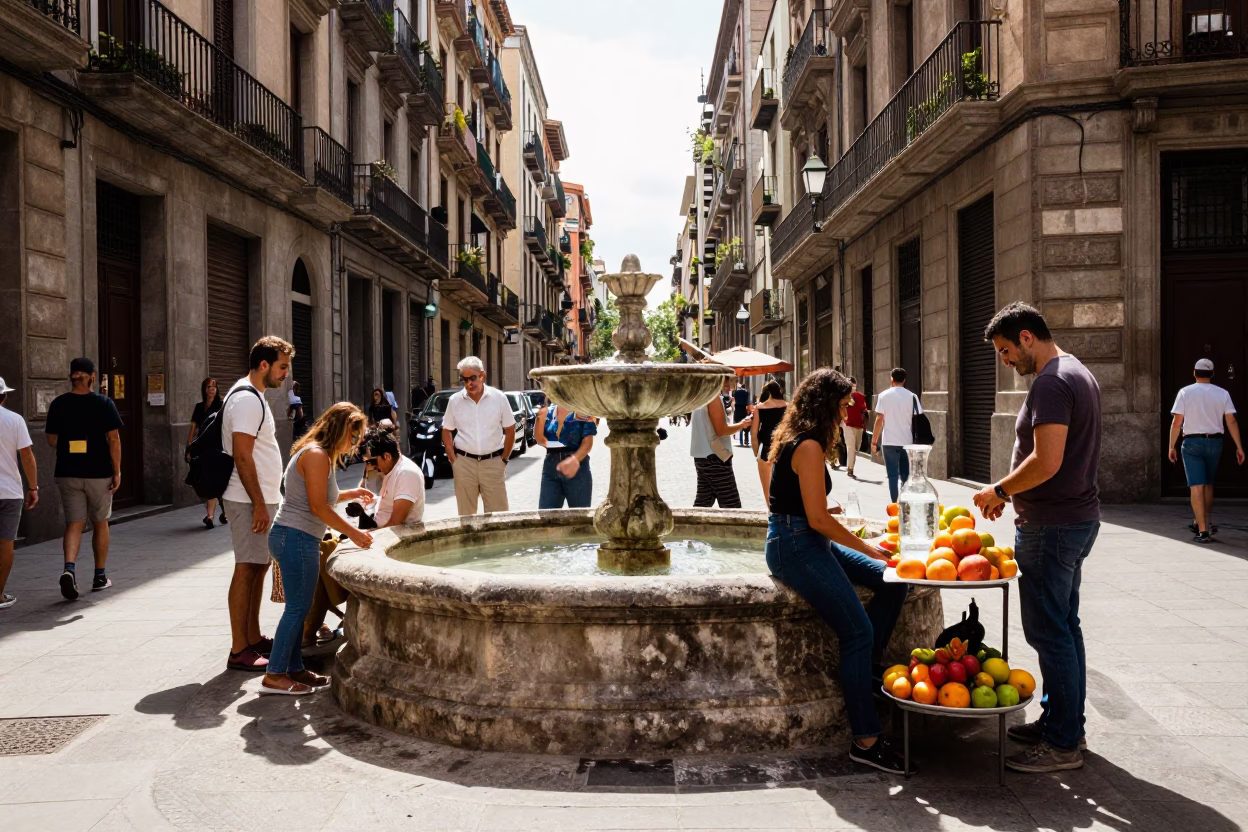 Barcelona Spain Early Afternoon Busy Street Scene with Vintage 1970s Aesthetic and Local Details in in Barcelona, Spain