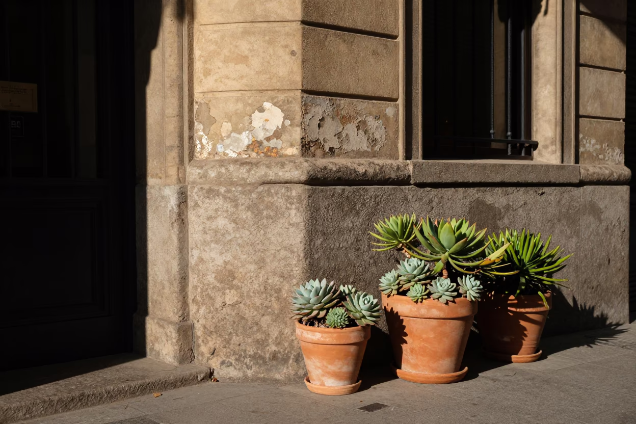 Barcelona Spain Early Afternoon Street Scene With Flowerpot And Succulents in in Barcelona, Spain