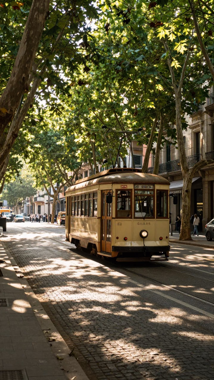 Barcelona Spain Early Afternoon Street Scene with Old Trolley and Tree Shadows in in Barcelona, Spain