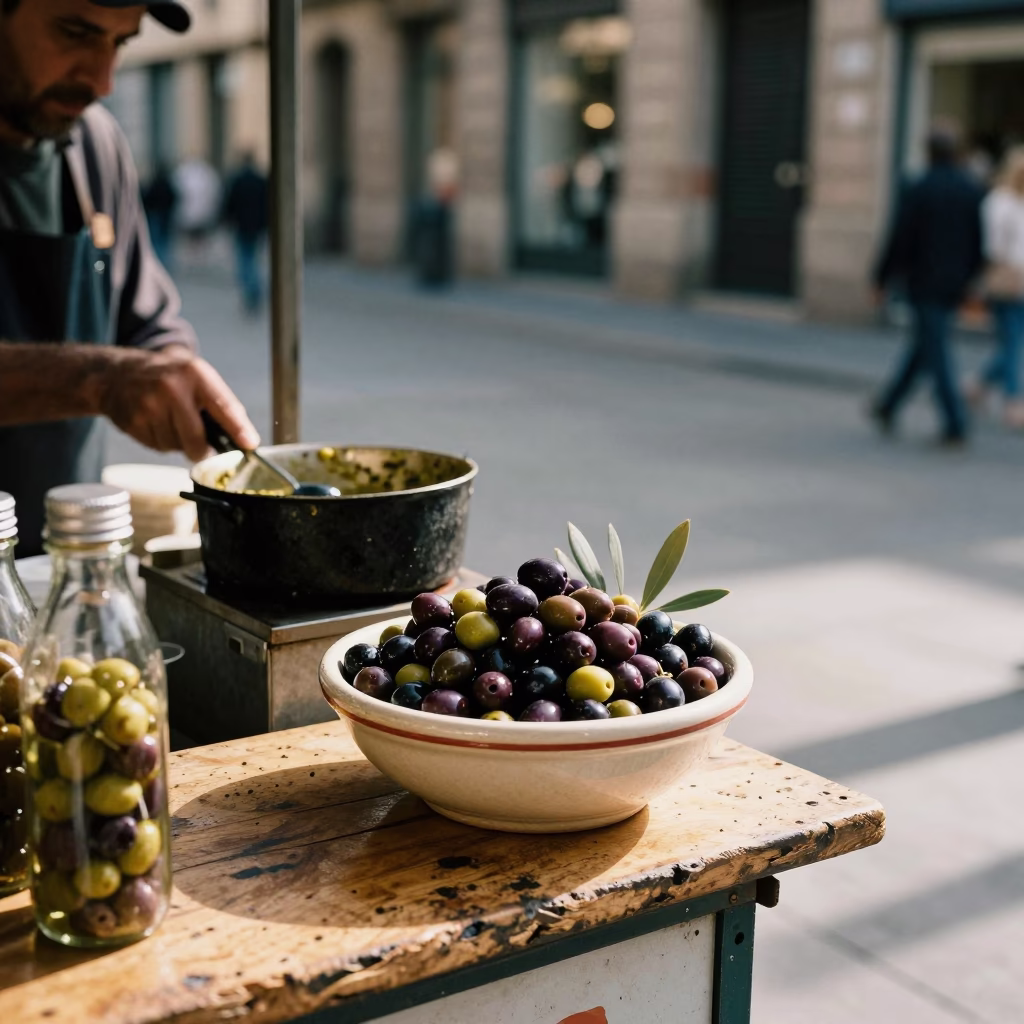 Barcelona Spain Early Afternoon Street Scene with Olives and Saucepan in in Barcelona, Spain