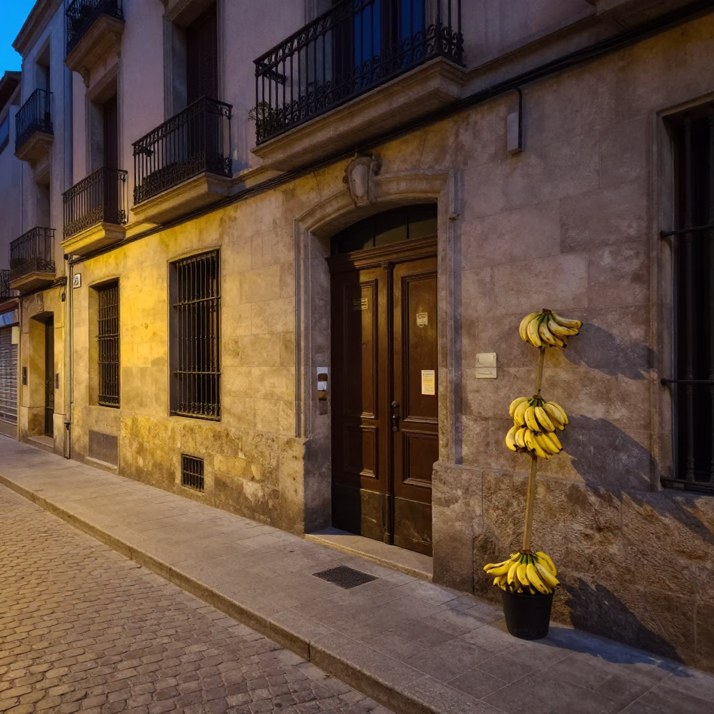 Barcelona Spain early evening street scene with bananas and door handle in in Barcelona, Spain